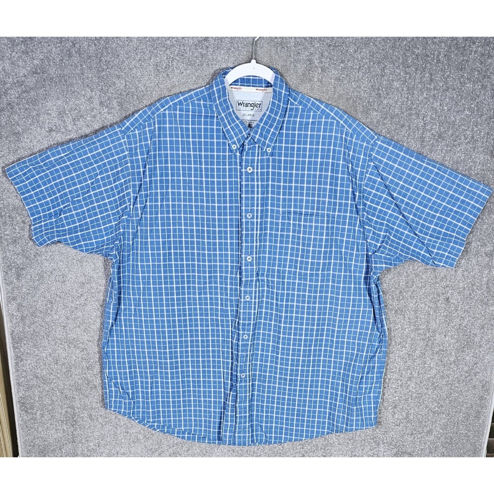 Wrangler Hero Button Down Shirt Mens Size 2XL Blue White Windowpane Short Sleeve